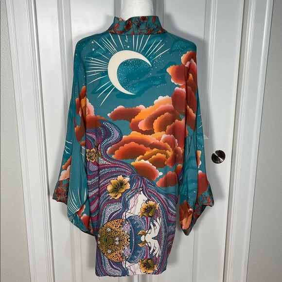 Teal Stargazer Kimono Short Robe Lightweight Cover Up Festival Beach Layer Boho - Picture 5 of 16